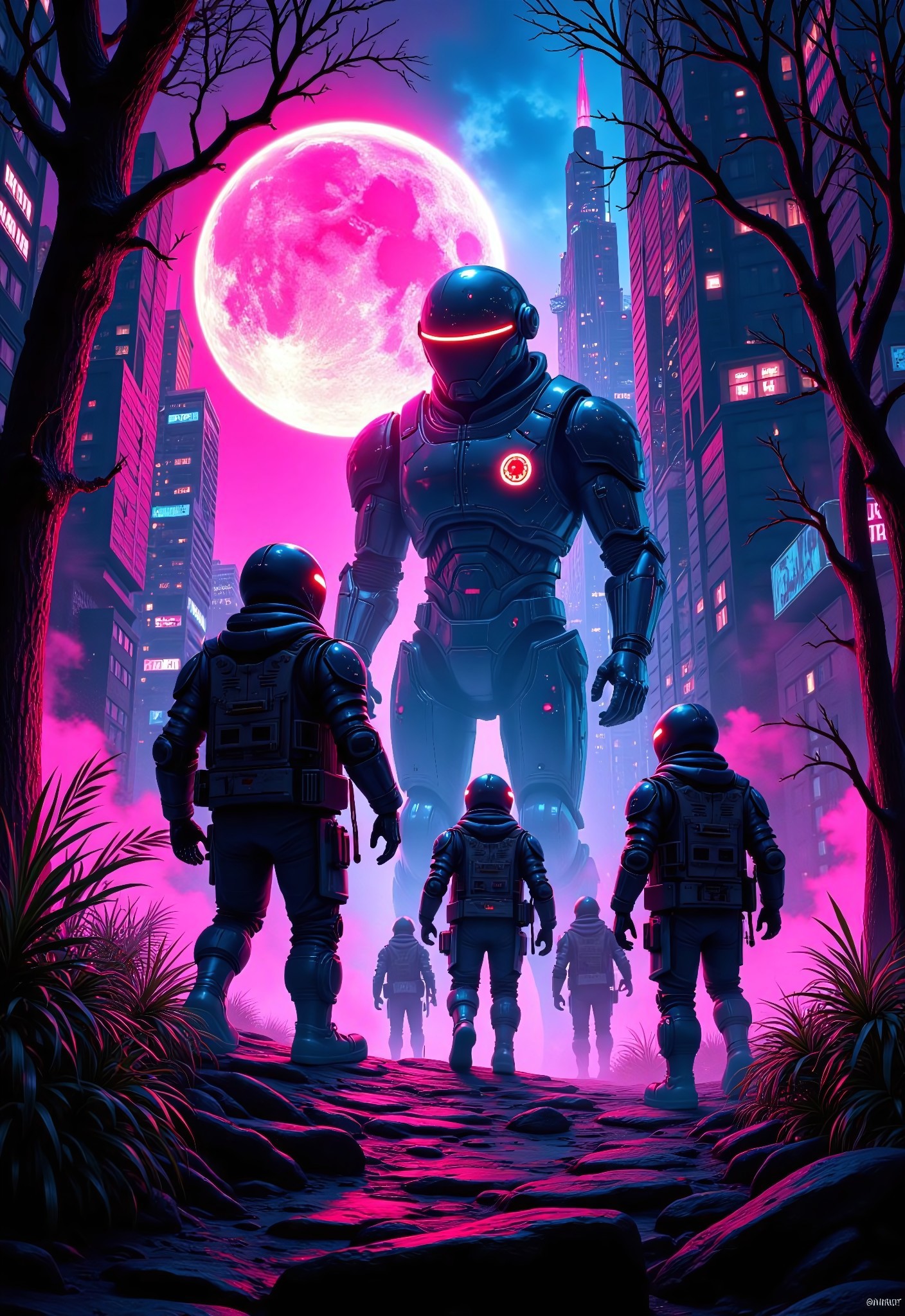 aidmaimageupgrader, a high quality digital image of Synthwave Disco Androids Battle at the Edge of Time
