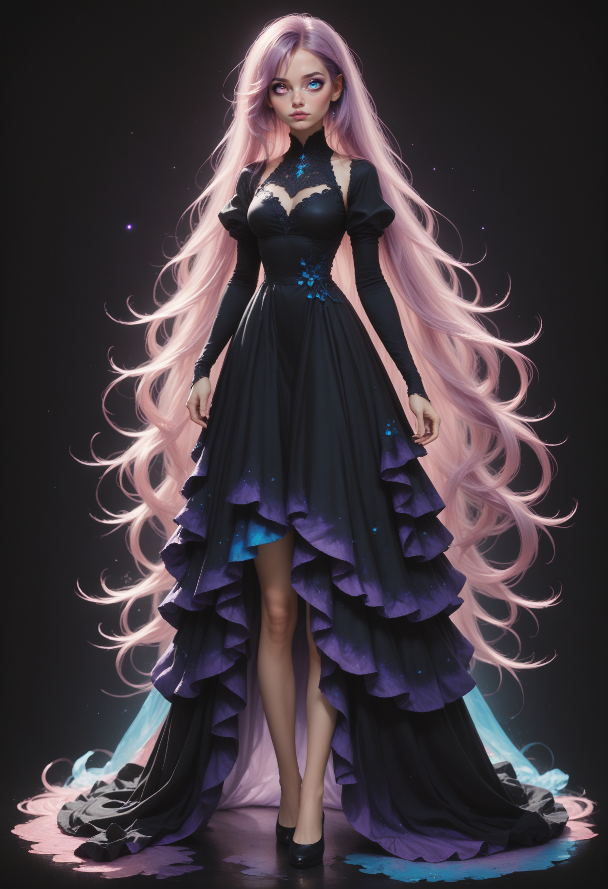 score_9, score_8_up, score_7_up,
1girl, solo, full body, purple hair, very long hair, black dress, blue eyes, heterochromia, right eye pink,
<lora:Dark_Heterochromia_Pony_v0.2:0.7>