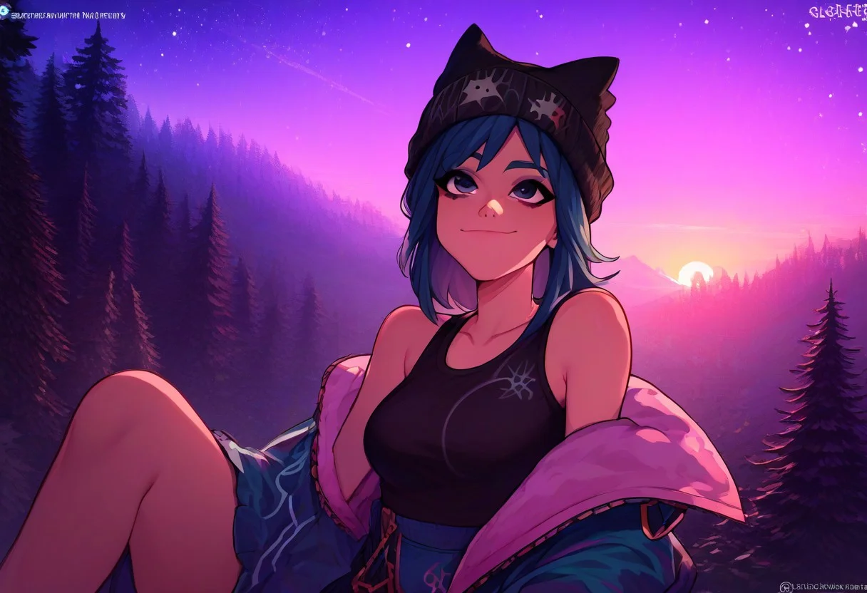 score_9, score_8_up, score_8, bird flying, ssitting at the foot of a tree, forest, magical, relaxing, sunset, starry skies, look up,  sports bra, loose jacket, hope_fortnite, blue hair, beanie, sexy, cute face, kawaii girl, smiling, posing, posing at an angle, dynamic sexy pose, very cute, adorable, shiny skin, volumetric lighting, aesthetic design, dramatic angle, dramatic framing, cinematic framing, y0tt4