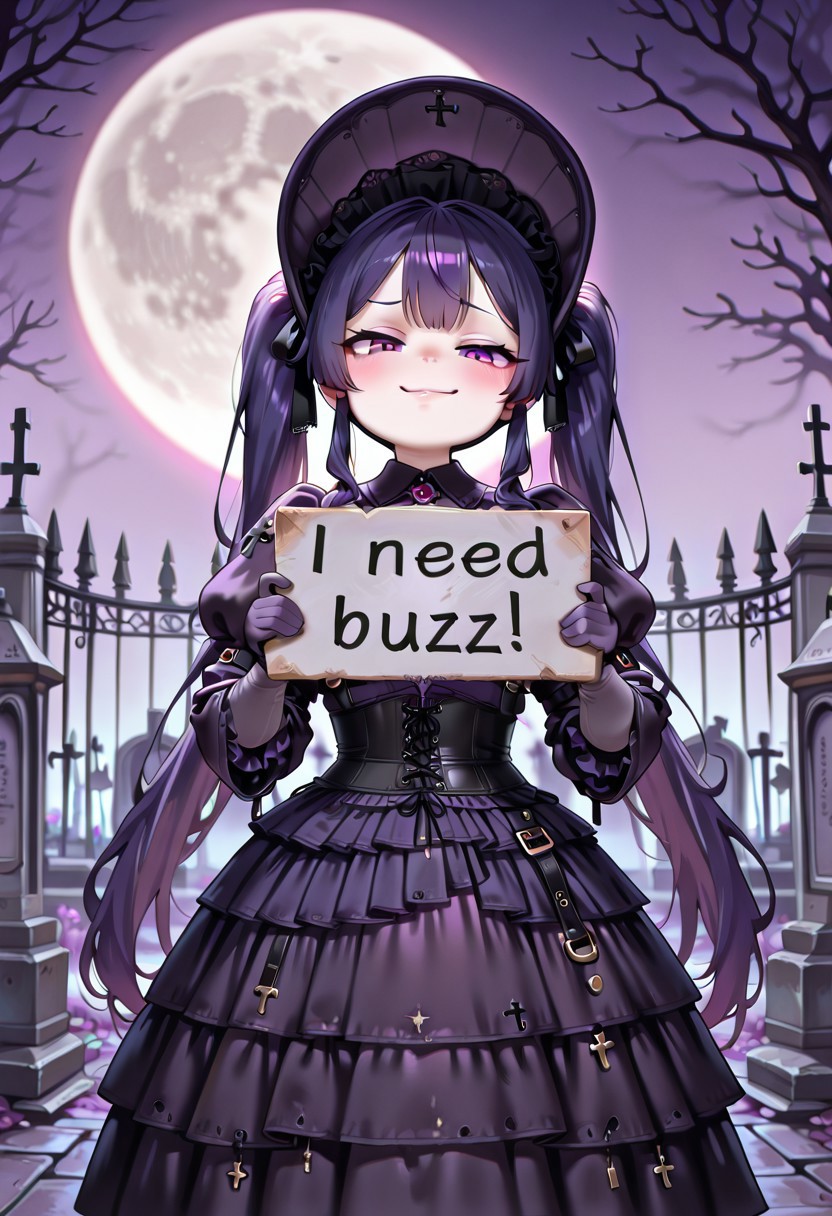 masterpiece, need_buzz, holding sign, anime, 1girl, dark purple hair, smug, gradient background, (shortstack:1.3), petite, short girl, purple eyes, super long large thick twintails, albino skin, pale violet clothes, large bonnet, frills, belt dress, belt, large puffy sleeves, dark purple dress, juliet sleeves, pale violet gloves, gothic, corset dress, c3m3t3ry, outdoors, tombstones, graveyard, cross, full moon, bare trees, iron fence, sfw