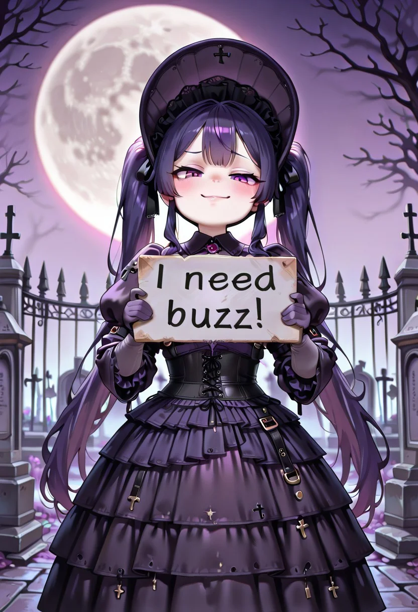 masterpiece, need_buzz, holding sign, anime, 1girl, dark purple hair, smug, gradient background, (shortstack:1.3), petite, short girl, purple eyes, super long large thick twintails, albino skin, pale violet clothes, large bonnet, frills, belt dress, belt, large puffy sleeves, dark purple dress, juliet sleeves, pale violet gloves, gothic, corset dress, c3m3t3ry, outdoors, tombstones, graveyard, cross, full moon, bare trees, iron fence, sfw