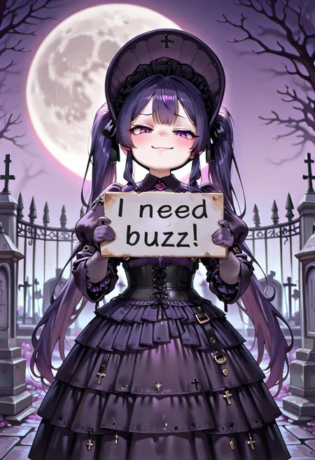 masterpiece, need_buzz, holding sign, anime, 1girl, dark purple hair, smug, gradient background, (shortstack:1.3), petite, short girl, purple eyes, super long large thick twintails, albino skin, pale violet clothes, large bonnet, frills, belt dress, belt, large puffy sleeves, dark purple dress, juliet sleeves, pale violet gloves, gothic, corset dress, c3m3t3ry, outdoors, tombstones, graveyard, cross, full moon, bare trees, iron fence, sfw