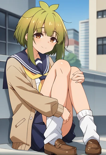 score_9, score_8_up, score_7_up, source_anime, masterpiece, 1girl, ct_bashame, brown cardigan, puffy sleeves, serafuku, blue sailor collar, yellow neckerchief, blue miniskirt, leg warmers, outdoors, city, depth of field, looking at viewer, portrait, hand up, shiny skin, loafers, sitting, knee up, hugging own legs, <lora:Bashame_Meme_pony_ct_ver2:1>