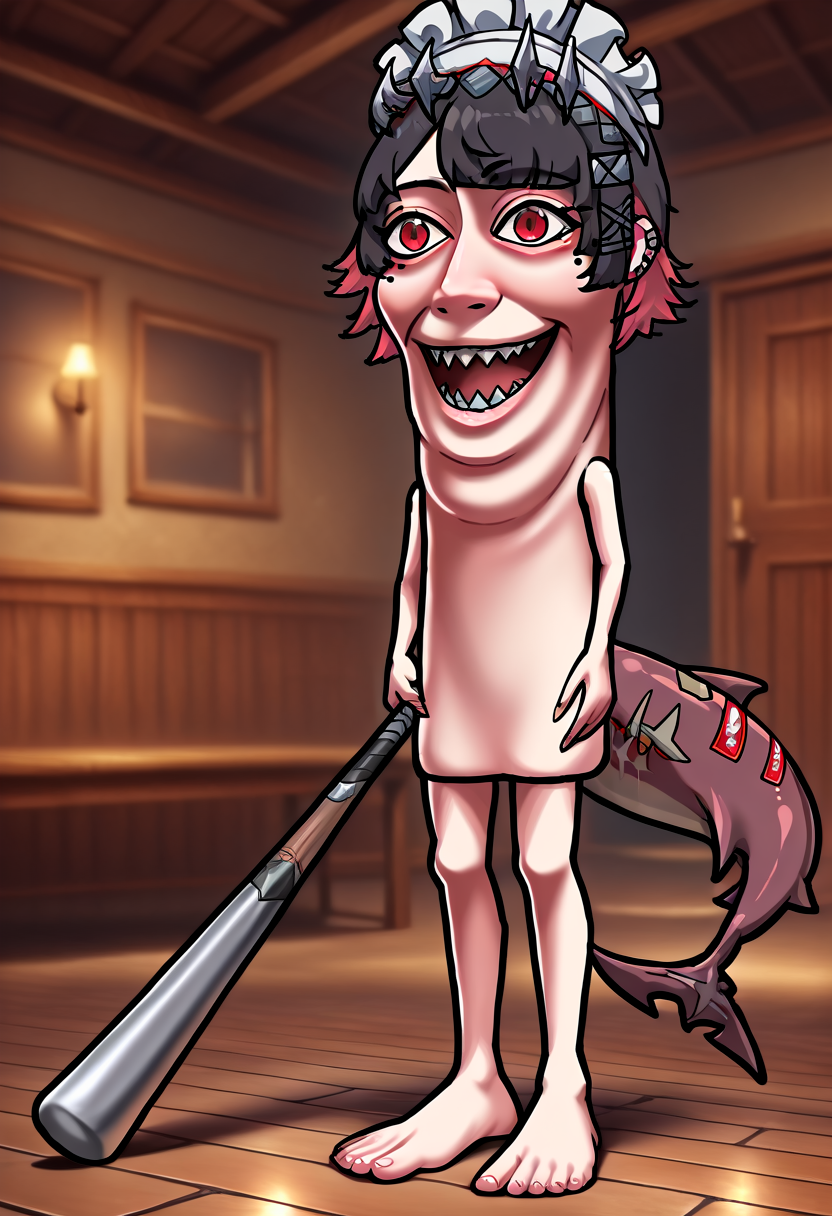masterpiece, high quality, best quality, 1girl, ttsahur, ellen joe, mole under eye, shark tail, fins, ear piercing, short hair, colored inner hair, black hair, red hair, x hair ornament, maid headdress, red eyes, wooden floor, indoors, tile floor, blurry background, barefoot, full body, standing, holding weapon, baseball bat, holding baseball bat, looking at viewer, open mouth, crazy smile, <lora:tung_tung_tung_sahur-000010:1>,  <lora:zzz_ellenjoe_illustriousXL:1>