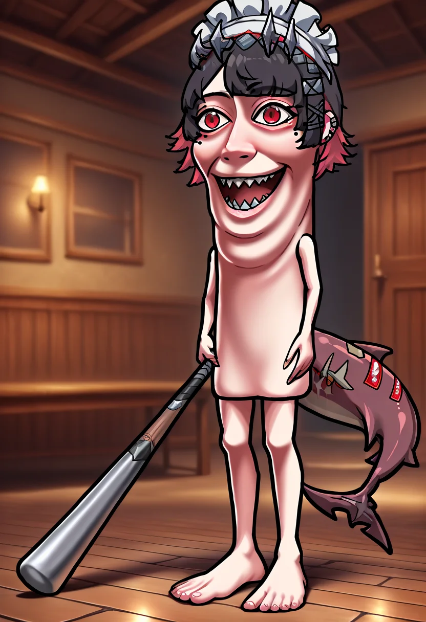 masterpiece, high quality, best quality, 1girl, ttsahur, ellen joe, mole under eye, shark tail, fins, ear piercing, short hair, colored inner hair, black hair, red hair, x hair ornament, maid headdress, red eyes, wooden floor, indoors, tile floor, blurry background, barefoot, full body, standing, holding weapon, baseball bat, holding baseball bat, looking at viewer, open mouth, crazy smile, <lora:tung_tung_tung_sahur-000010:1>, <lora:zzz_ellenjoe_illustriousXL:1>