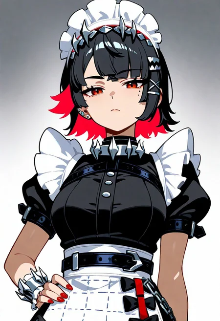 ellen joe, 1girl, black hair, breasts, closed mouth, colored inner hair, gradient background, grey background, posing, hand on hip, red nails, looking at viewer, maid, maid headdress, medium breasts, mole, mole under eye, multicolored hair, puffy short sleeves, puffy sleeves, red eyes, red hair, short hair, short sleeves, solo, two-tone hair, upper body, anime, 2d, HD32K, (((masterpiece,best quality,newest,absurdres,highres)))