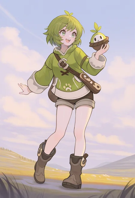 masterpiece, best quality,  <lora:Alpaca:1> 4lp4c4,  1girl, boots, holding, open mouth, solo, smile, green eyes, teeth, standing, long sleeves, cloud, :d, outdoors, shorts, short hair, full body, sky