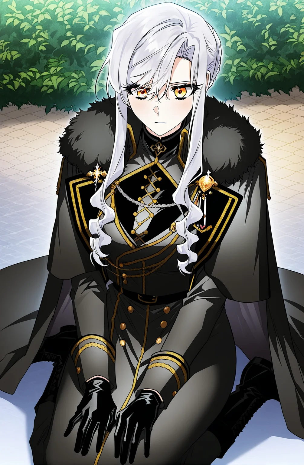 <lora:Sigrid__Sigrid__Illustrious v2:1>
Sigrid, 1girl, solo, long white hair, golden eyes, black military uniform, golden decorations, fur-trimmed cape, black gloves, serious expression, elegant, formal, sigrid_black_ceremonial_uniform
score_9, score_8_up, score_7_up, masterpiece, best quality, absurdres, perfect anatomy, 1girl, solo, wariza, sitting, hands on own knees, garden background