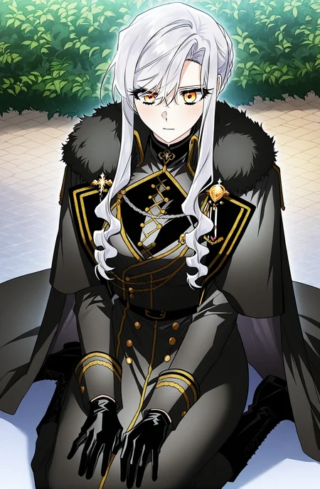 <lora:Sigrid__Sigrid__Illustrious v2:1>
Sigrid, 1girl, solo, long white hair, golden eyes, black military uniform, golden decorations, fur-trimmed cape, black gloves, serious expression, elegant, formal, sigrid_black_ceremonial_uniform
score_9, score_8_up, score_7_up, masterpiece, best quality, absurdres, perfect anatomy, 1girl, solo, wariza, sitting, hands on own knees, garden background