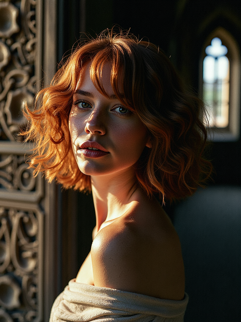Upper body portrait of a beautiful lady with flowing auburn hair, contrasted by short, curly locks framing her face, shot from the side in the hauntingly beautiful Sedlec Ossuary, Czech Republic. The scene is captured with the rich, timeless quality of Fujifilm Neopan 100, presenting a high-quality, award-winning masterwork in stunning 4K detail. The waning light of the evening filters softly through the gothic windows, casting intricate shadows across her detailed skin and visible pores, creating a striking interplay of light and dark. Her expression is serene, almost ethereal, the warmth of the hue standing out against the cold, bone-adorned walls of the ossuary. The entire composition evokes a sense of beauty in contrast, blending the organic elegance of her appearance with the somber, historical setting, resulting in a visually captivating and emotionally resonant image, <lora:detailed_skin_portraits-000005:0.75>