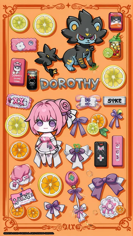 best quality,luxray,<lora:doro_xypher_ixl_v1>,dorothy \(nikke\),pink hair,purple eyes,single side bun,hair bow,purple ribbon,<lora:Multiple_Object_Background>,Multiple Object Background,orangette,orange,rimone,orange slice,lemon_slice,grapes,sakuragi_akira,bluk_berry,