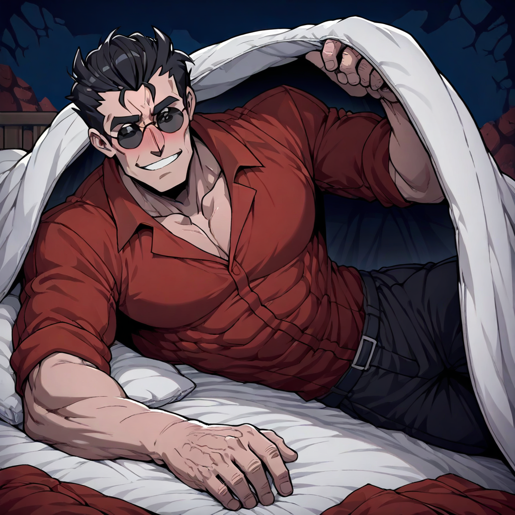 masterpiece, best quality, newest, absurdres, highres, anime, anime style, BINV-V1.0, bed invitation, cover, under covers, 1boy, helltaker \(helltaker\), black hair, short hair, muscular, muscular male, sunglasses, glasses,