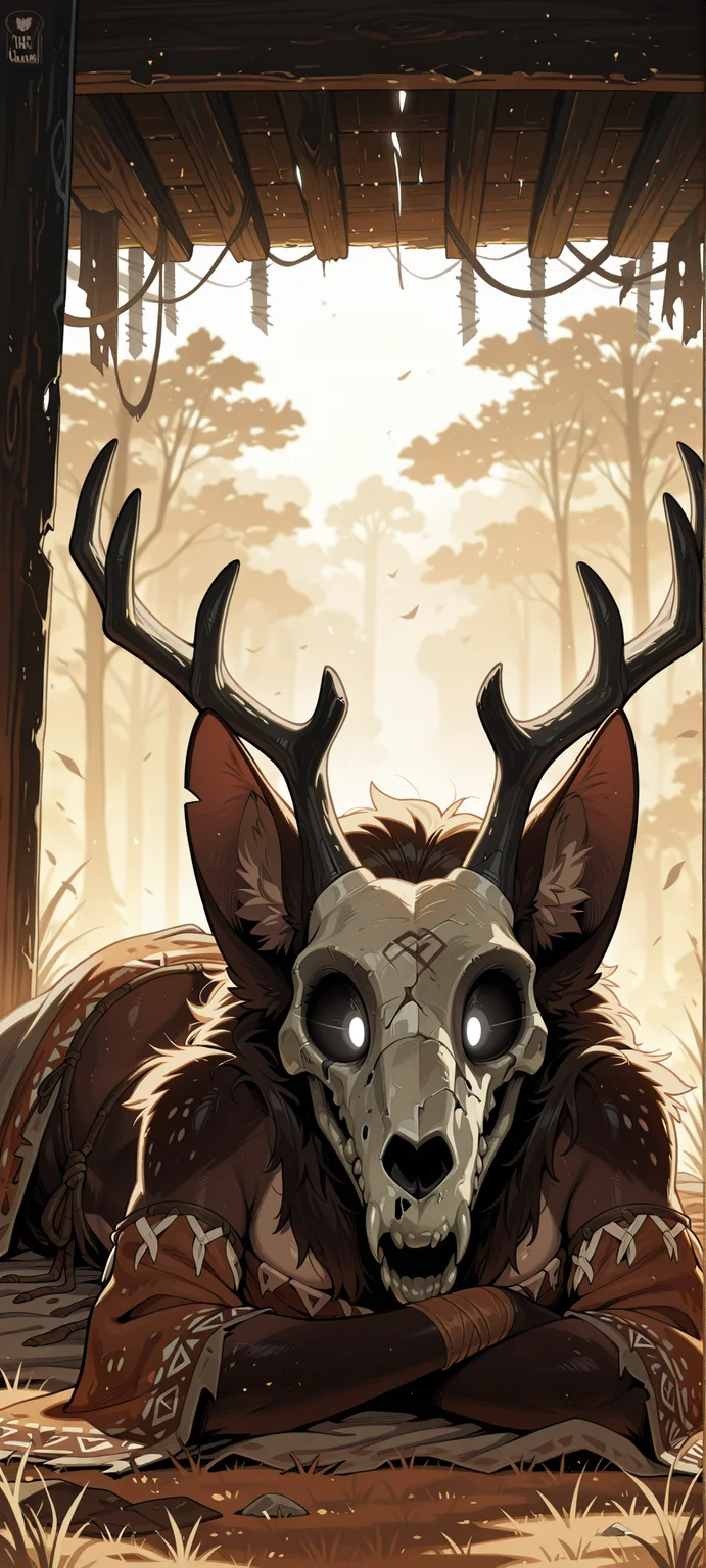 1girl, furry, wendigo, skull head, tribal clothes, on stomach, masterpiece, best quality, amazing quality, <lora:E621_Ultimate_Favorites_Mix_Illustrious:1> <lora:Wendigo_LoRA:1>