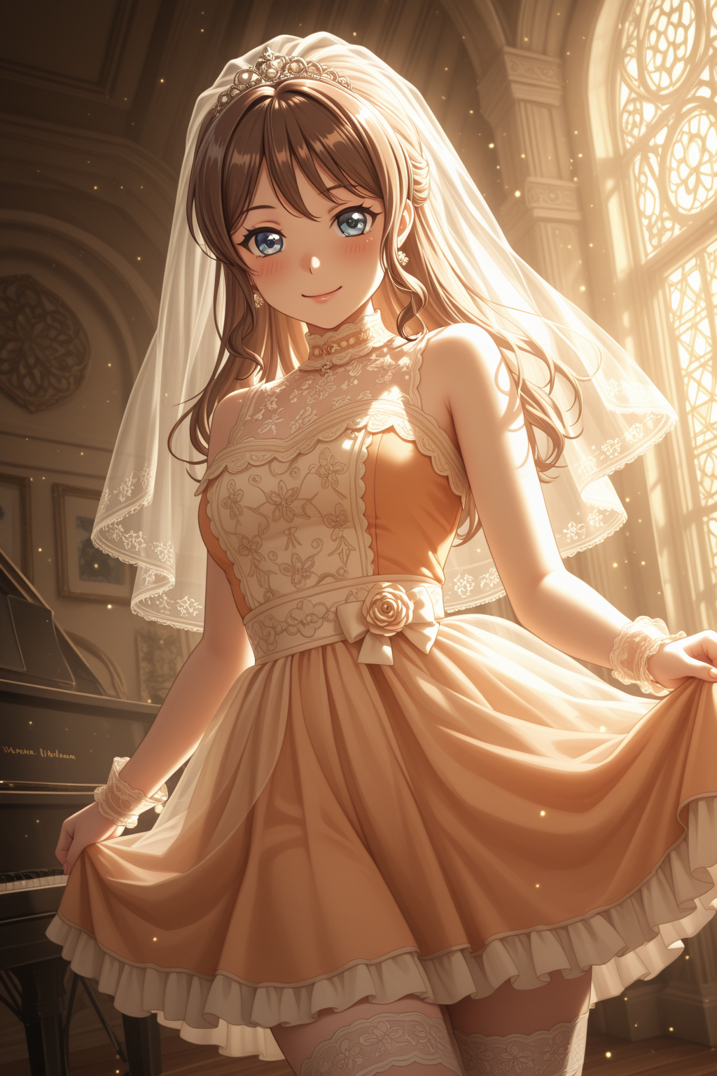 masterpiece, best quality, amazing quality, 1girl, solo, makeup, general, looking at viewer, blush, highres, cowboy shot, smile, indoors, stage, drum, piano, stained glass, sunlight, lens flare, dutch angle, skirt hold, fanfare, <lora:Yamabuki_Saaya_Ban_Dori:1>, Yamabuki_Saaya_Ban_Dori, blue eyes, brown hair, long hair, straight hair, hair ribbon, bow, breasts, sidelocks, bride, wedding dress, orange dress, (bridal veil), jewelry, thighhighs, wedding tiara, wrist cuffs, <lora:wai-2Rectified-V140:1>, <lora:illustrious_noobai_epsilon_pred_1_masterpieces_v1:1>