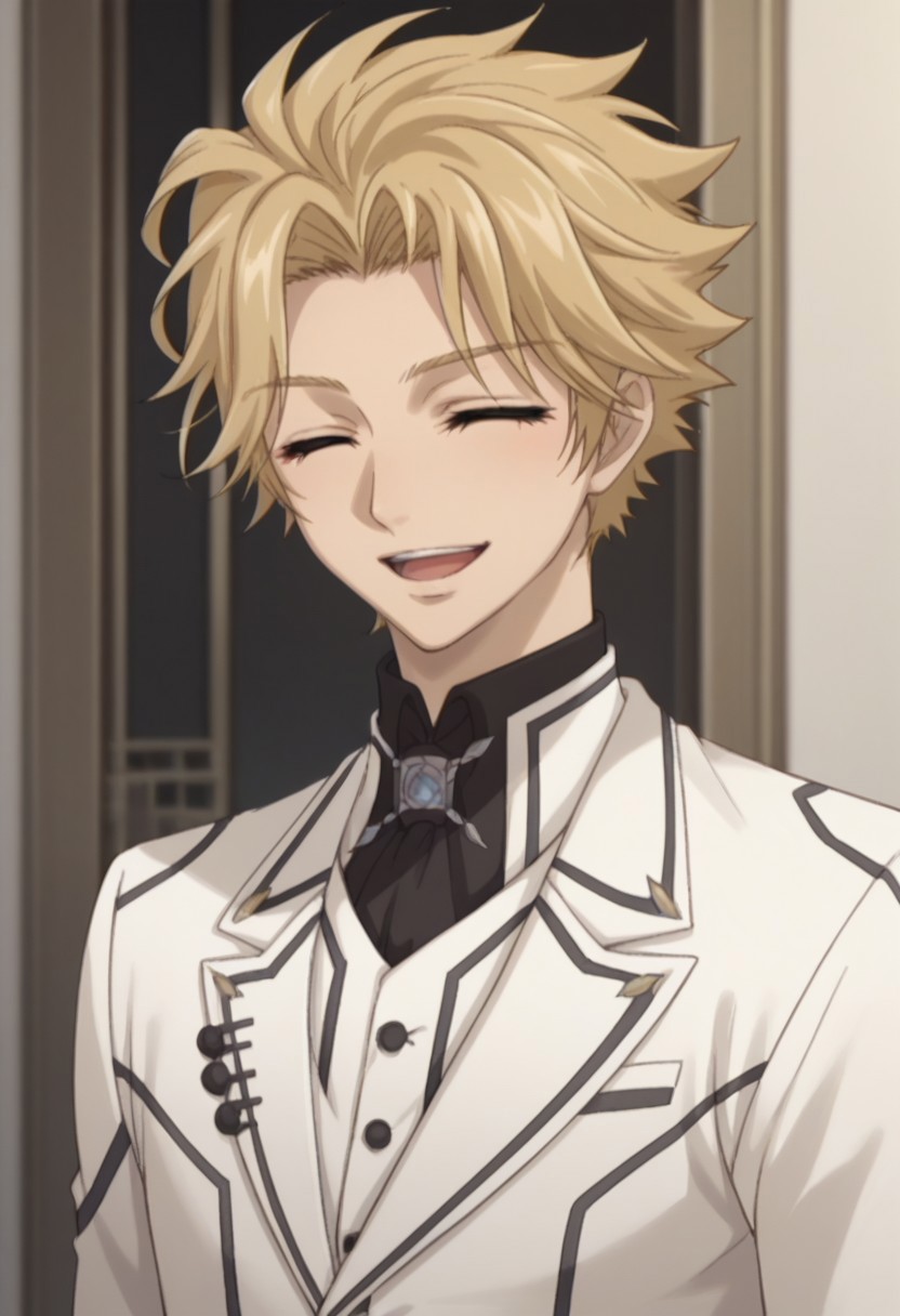 score_9, score_8_up, score_7_up, source_anime, highly detailed, 
hanabusaidoh, 1boy, blonde hair, male focus, solo, closed eyes, formal, upper body, night class uniform, smile, ^^. open mouth,
indoor, stand,