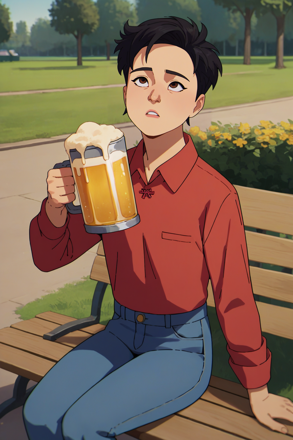score_9, score_8_up, source_anime, 1girl, solo,  <lora:clamJubilee_xmen97PDXL:1> clamJBLee97, black hair, brown eyes, outdoors, looking up, collared shirt, red shirt, slong sleeves, jeans, sitting, park, looking up, holding beer