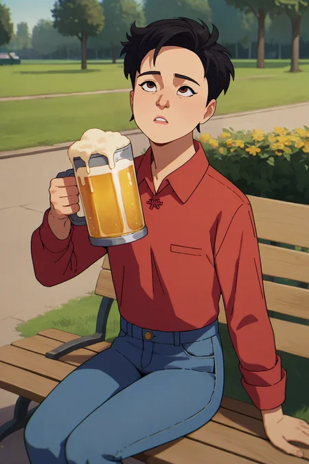 score_9, score_8_up, source_anime, 1girl, solo, <lora:clamJubilee_xmen97PDXL:1> clamJBLee97, black hair, brown eyes, outdoors, looking up, collared shirt, red shirt, slong sleeves, jeans, sitting, park, looking up, holding beer