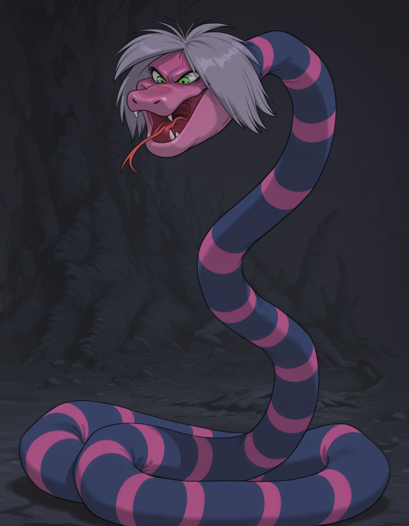 smooth quality, masterpiece, very intricate, high quality details, ultra realistic, high detailed skin, detailed environment, absurdres, solo, simple background, black background, color drain, erosrattlesnakemadammim, snake, striped body, purple and pink stripes, green eyes, grey hair, fangs, tongue out, animal, solo