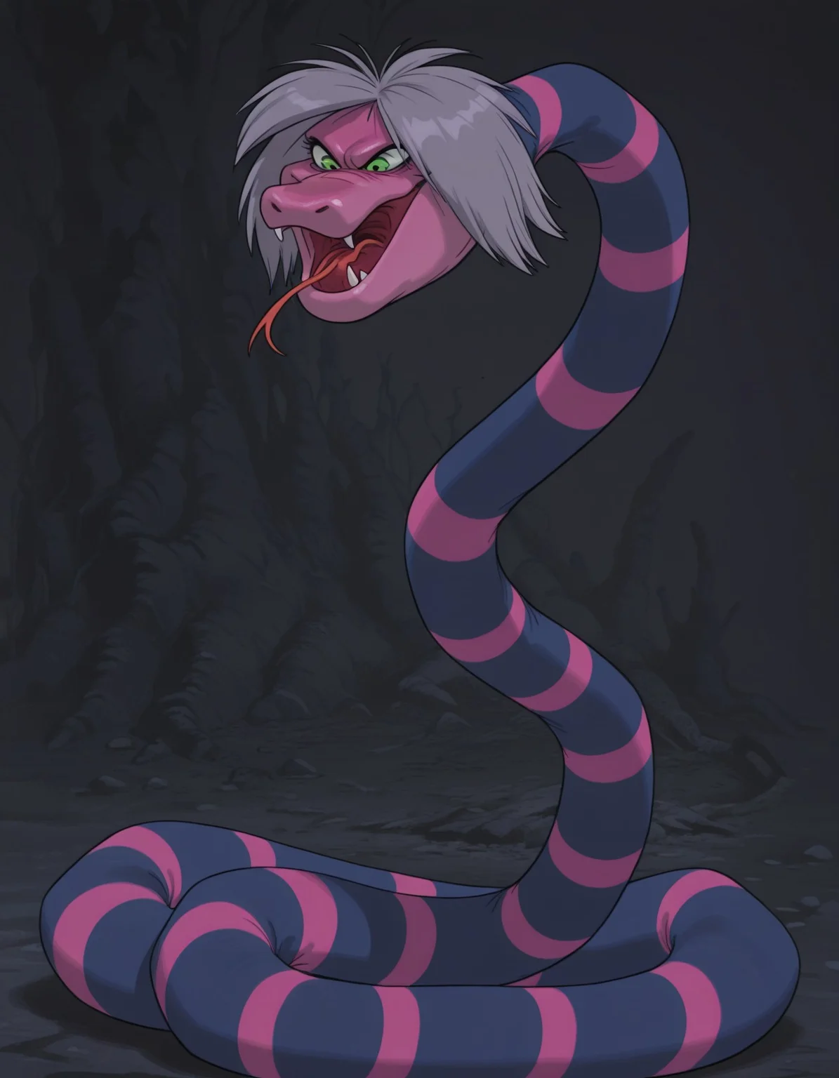 smooth quality, masterpiece, very intricate, high quality details, ultra realistic, high detailed skin, detailed environment, absurdres, solo, simple background, black background, color drain, erosrattlesnakemadammim, snake, striped body, purple and pink stripes, green eyes, grey hair, fangs, tongue out, animal, solo