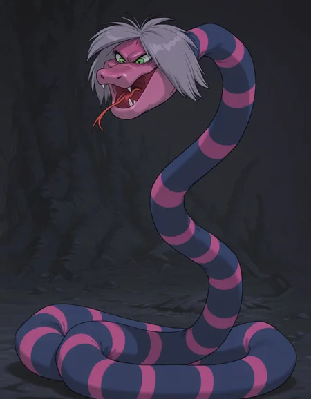 smooth quality, masterpiece, very intricate, high quality details, ultra realistic, high detailed skin, detailed environment, absurdres, solo, simple background, black background, color drain, erosrattlesnakemadammim, snake, striped body, purple and pink stripes, green eyes, grey hair, fangs, tongue out, animal, solo