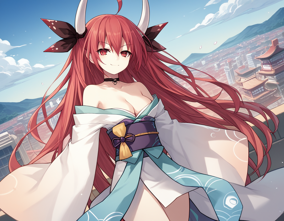 score_9, score_8_up, score_7_up, source_anime,
kotoriitsuka, <lora:kotori-itsuka-lightnovel-ponyxl-lora-nochekaiser:1>,
kotori itsuka, long hair, red eyes, very long hair, red hair, ahoge, ribbon, hair ribbon,
bare shoulders, japanese clothes, horns, choker, kimono, cleavage, wide sleeves, sash, obi,
cityscape, smile, smug,
looking at viewer, solo, cowboy shot, dutch angle,