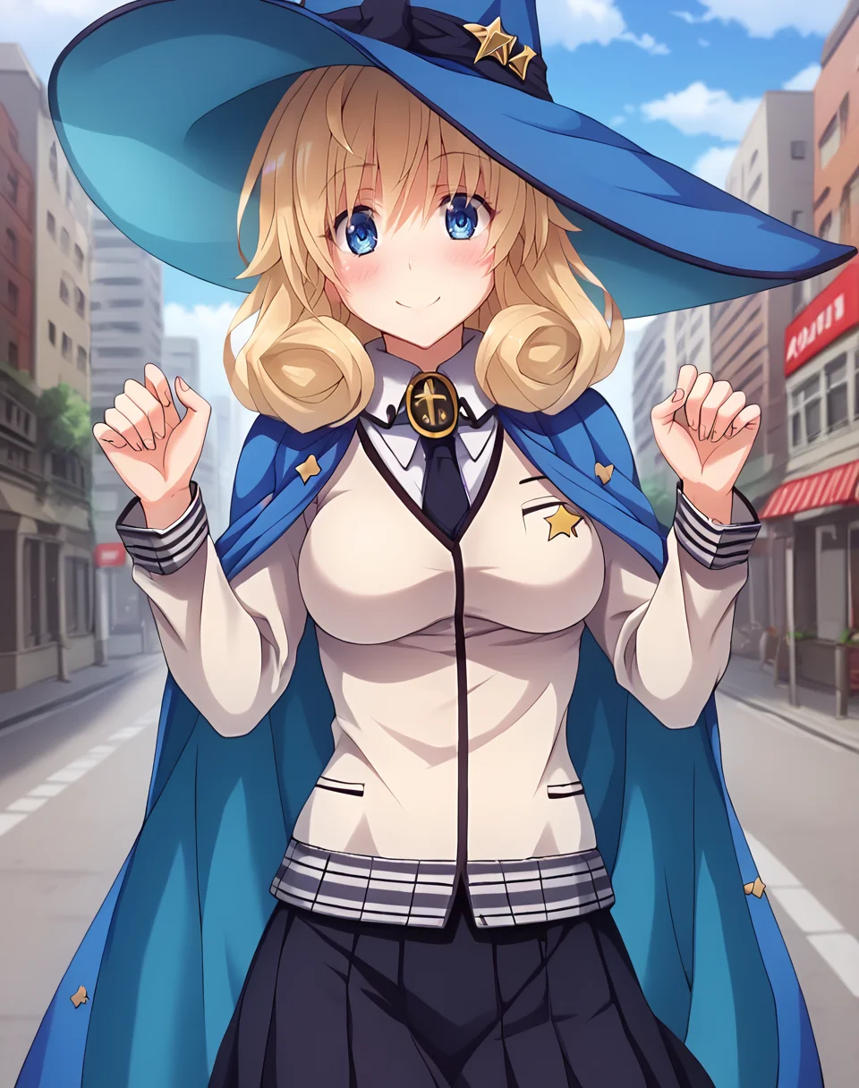 le_fay_pendragon, blue eyes, medium hair, blonde hair, medium breasts, with outfit, cream colored cardigan,white shirt under cardigan, necktie, black skirt, miniskirt, blue cape, blue witch hat, BREAK outdoors, city street BREAK cute pose, looking at viewer, smile, flirty, blush, cowboy shot BREAK score_9, score_8_up, score_7_up, source_anime ,zPDXL, perfect hand, <lora:Le_Fay_Pendragon:0.8>, <lora:DXD_Hero_Style:0.6>