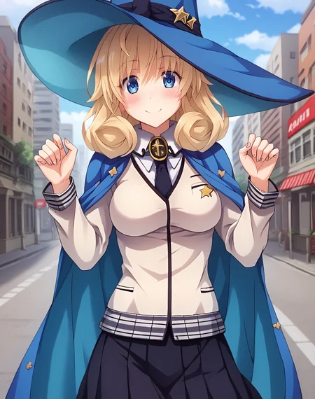 le_fay_pendragon, blue eyes, medium hair, blonde hair, medium breasts, with outfit, cream colored cardigan,white shirt under cardigan, necktie, black skirt, miniskirt,  blue cape,  blue witch hat,  BREAK outdoors, city street BREAK  cute pose, looking at viewer, smile, flirty, blush, cowboy shot  BREAK score_9, score_8_up, score_7_up, source_anime ,zPDXL, perfect hand,  <lora:Le_Fay_Pendragon:0.8>,  <lora:DXD_Hero_Style:0.6>
