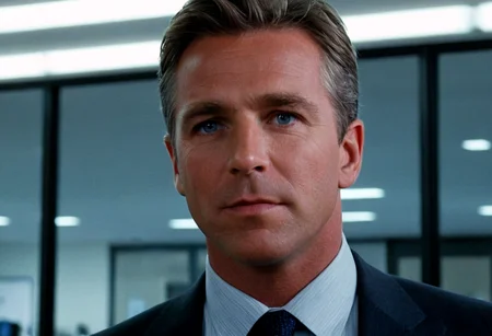 man, blue eyes, closeup, middle aged, suit, tie, office, neon lights, indoors, highly detailed, 4K, (grainy 35mm photo)