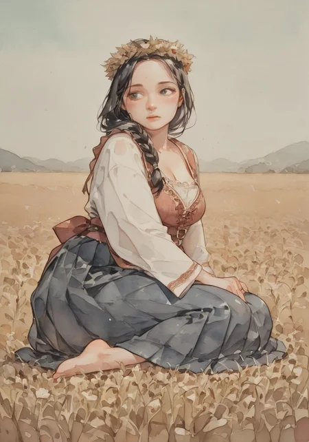 ( watercolor):2, (pastel colors), high detail, (lineless:1.2), (realistic), detailed, depth of field, dynamic lighting, masterpiece, detailed_eyes, high_quality, best_quality, highres, (muted colors), pencil lines, 
(in a field of golden rye ), blue sky, no clouds, brightly lit by the sun,
black hair, thick braid on the belt, curvy,plump, adult, stately, gray eyes, blush, eyes lined with black, high forehead, even parting, (no bangs),
white shirt with red embroidery, with wide sleeves, apron with embroidery, long blue pleated skirt, barefoot, bodice, folk clothing, full body. square neckline on the shirt, wreath of small flowers,

sits on his butt, on the ground,sits in the field, with his legs stretched out, looking to the side


