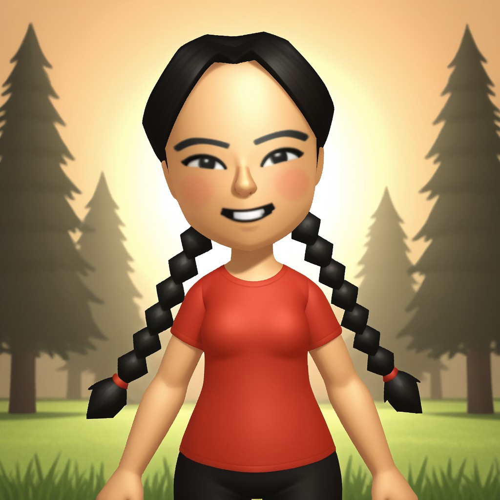 score_9, score_8, BREAK, solo, wii, mii, wii sports, 1girl, female mii, black eyes, black hair, twin braids, black eyebrows, blush, buck tooth, red clothing, black pants, shoes, nintendo mii, modern_mii, classic_mii, breasts, xiao-tong_(wii_sports), cute, sexy pose, smile, outdoors, sunlight, shadows, evening lighting, natural lighting, forest, trees, grass, orange sky, sunset