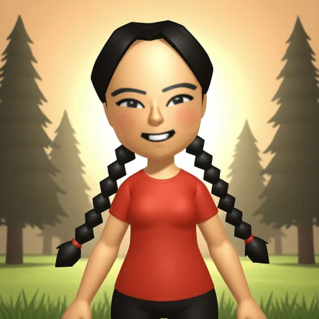 score_9, score_8, BREAK, solo, wii, mii, wii sports, 1girl, female mii, black eyes, black hair, twin braids, black eyebrows, blush, buck tooth, red clothing, black pants, shoes, nintendo mii, modern_mii, classic_mii, breasts, xiao-tong_(wii_sports), cute, sexy pose, smile, outdoors, sunlight, shadows, evening lighting, natural lighting, forest, trees, grass, orange sky, sunset