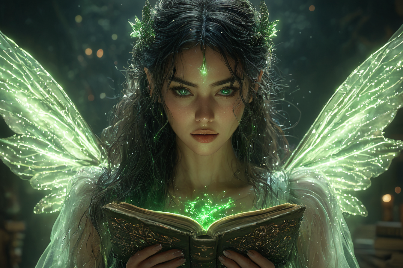 A beautiful fairy with glowing wings reads an ancient book of magic and spells. She has detailed facial features and there is a glowing green light in the background with cinematic lighting, fairycore, hkmagic, masterpiece, best quality, highly detailed, sharp focus, dynamic lighting