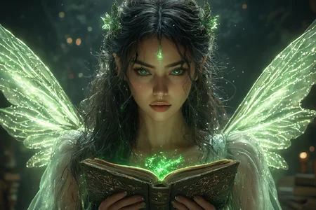 A beautiful fairy with glowing wings reads an ancient book of magic and spells. She has detailed facial features and there is a glowing green light in the background with cinematic lighting, fairycore, hkmagic, masterpiece, best quality, highly detailed, sharp focus, dynamic lighting