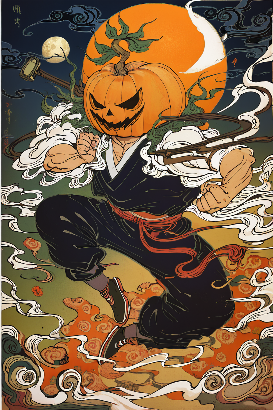 score_9, score_8_up, score_7_up, score_6_up, score_5_up, score_4_up, <lora:traditional_Japanese_art:0.8>,  traditional japanese art, fighting stance, masterpiece, highres, <lora:Jack-O'-Lantern_V1:1>,  jackolantern, pumpkin head, night, moon,