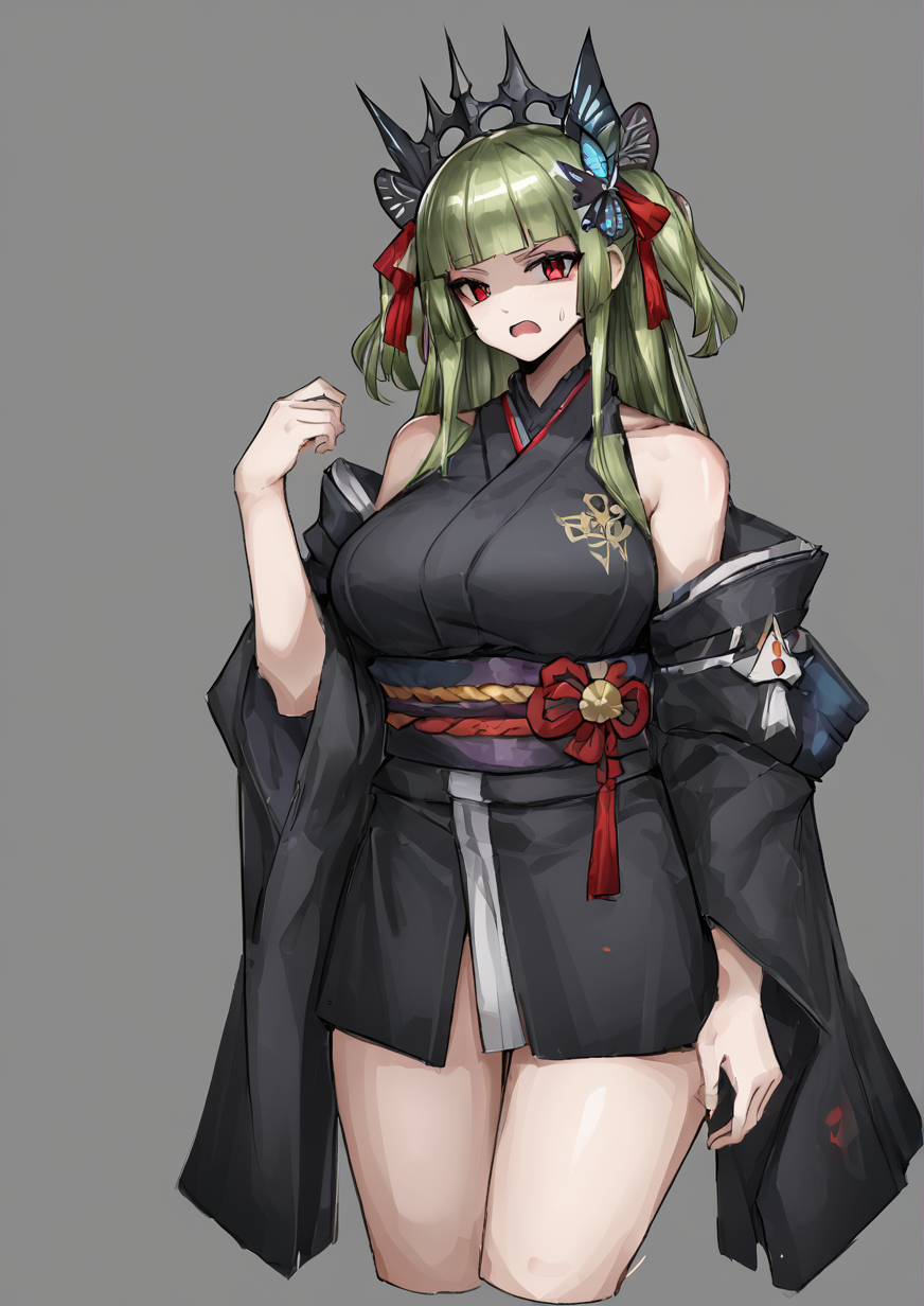 1girl, murasame (senren), huge breast, bare shoulders, black kimono, blunt bangs, butterfly hair ornament, disgust, frown, green hair, grey background, hair ornament, hair ribbon, hand up, hime cut, japanese clothes, kimono, long hair, looking at viewer, open mouth, red eyes, red ribbon, ribbon, shaded face, sidelocks, solo, straight hair, sweatdrop, two side up, upper body, wide sleeves,(legs:1.3) zPDXL3<lora:é»æ:0.9>