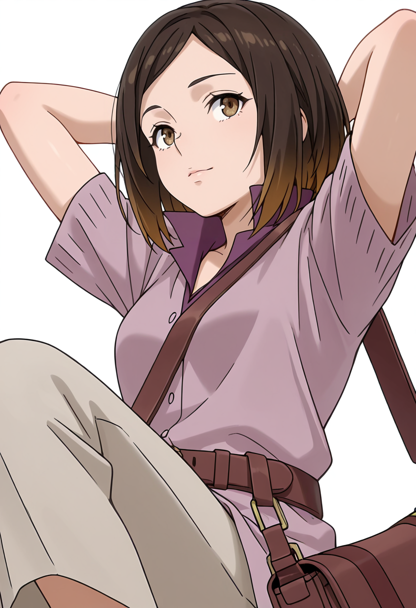 Smooth Quality,masterpiece,very intricate, high quality details, ultra realistic, high detailed skin,detailed enviorement,absurdres,
simple background, white background,solo,
reclining, arms folded behind head, one knee bent, looking up, peaceful mood,  ,from below,lonely,
 <lora:Kirara_Mizutani_cnn:0.8> 1girl, short hair, brown hair, multicolored hair, two-tone hair, brown eyes, at viewer, upper body,shirt, short sleeves, collared shirt, coat, pants, purple shirt,brown belt, shoulder bag,