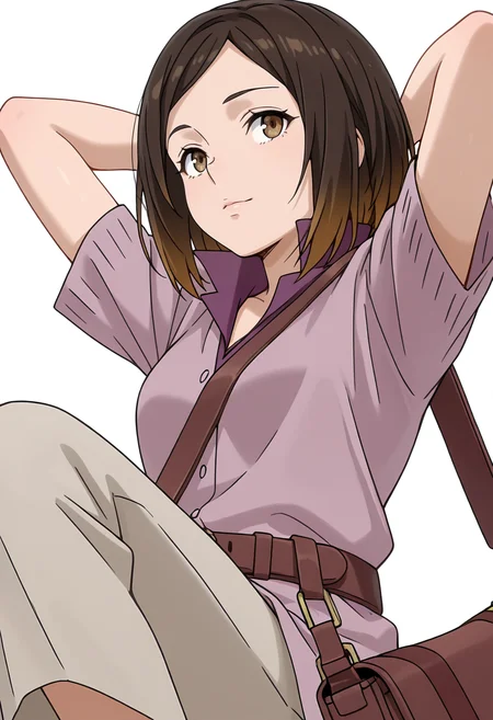 Smooth Quality,masterpiece,very intricate, high quality details, ultra realistic, high detailed skin,detailed enviorement,absurdres,
simple background, white background,solo,
reclining, arms folded behind head, one knee bent, looking up, peaceful mood, ,from below,lonely,
<lora:Kirara_Mizutani_cnn:0.8> 1girl, short hair, brown hair, multicolored hair, two-tone hair, brown eyes, at viewer, upper body,shirt, short sleeves, collared shirt, coat, pants, purple shirt,brown belt, shoulder bag,