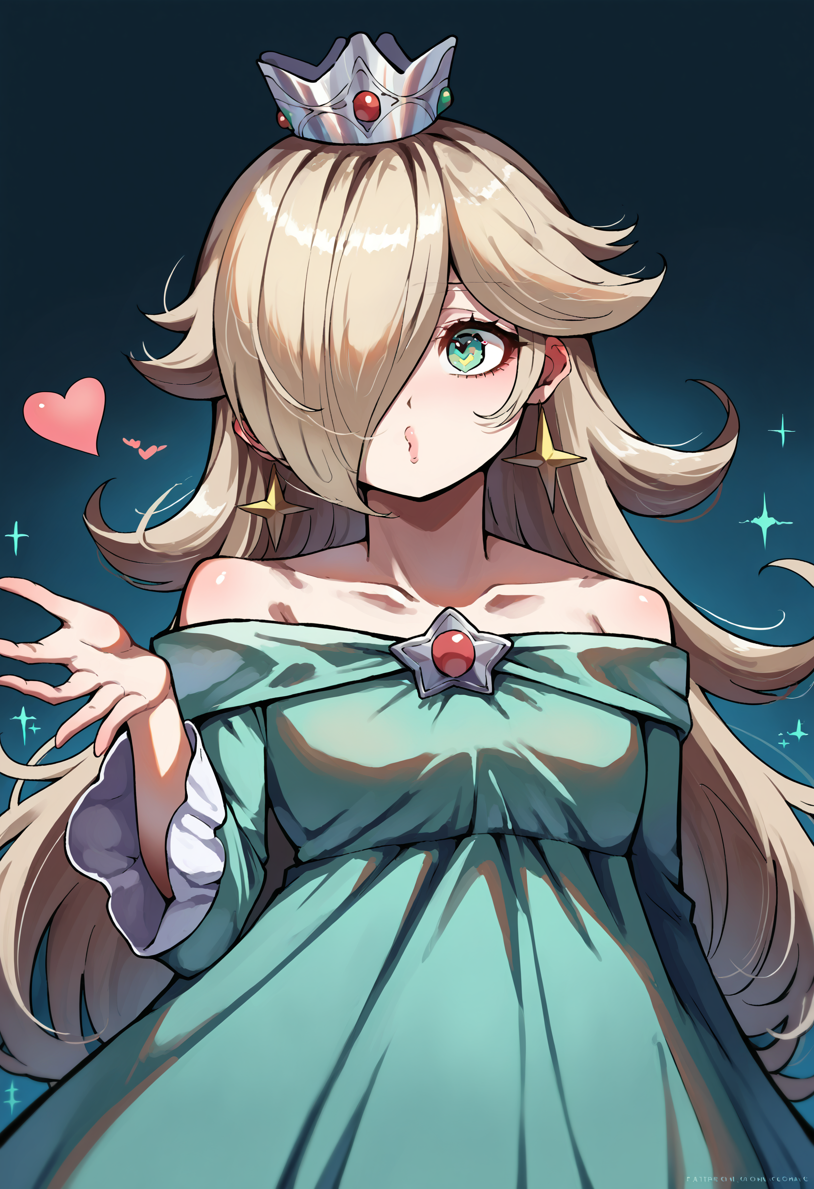 score_9, score_8_up, score_7_up, source_anime, 1girl, IncrsBlowingKiss, heart, blowing kiss, <lora:FrierenBlowingKissMeme_XLPD:1>, <lora:Rosalina_XLPD:1>, hair over one eye, RslnDef, crown, bare shoulders, off-shoulder dress, long sleeves, blue dress, long dress, aqua dress, upper body,