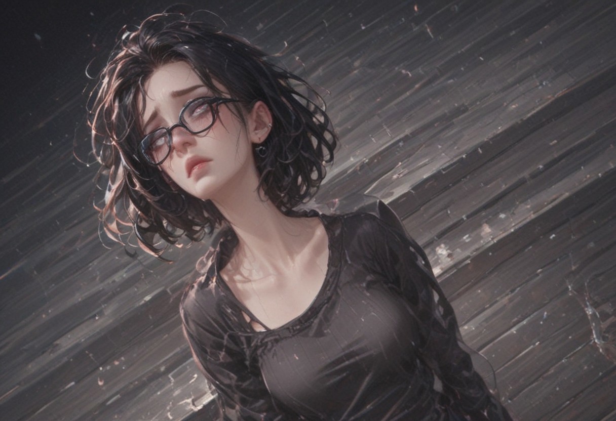 a girl standing on a high pier at night, standing at a 45 degree angle, wearing glasses, staring at the ocean off into the distance, ( side of the frame:1.1), looking away from viewer, sad, longing, highly detailed, dark, BlackRoseT