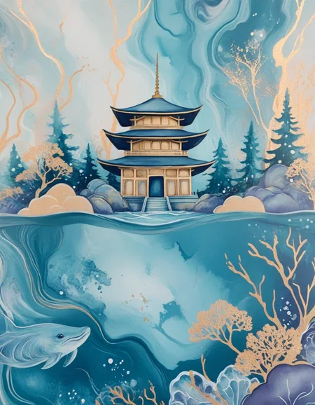 novuschroma86 style underwater scene with japanese temples marbled paint <lora:novuschroma86 style_blue:1>