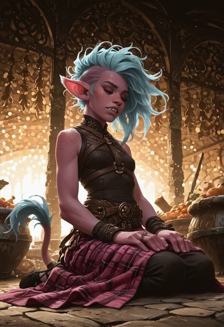 masterwork, masterpiece, best quality, realistic, digital painting, (((dynamic angle))), dramatic lighting, ambient occlusion, raytracing BREAK 1girl, solo, <lora:DnD_Troll:0.5> troll, huge, long arms, <lora:Firbolg:0.6> firbolg, furry, big nose, animal ears, sharp teeth, (tusks), lion tail, light blue hair, layered cut hair, blue eyes, mole on body , body freckles, (dark pink skin), muscular body, , small breasts, perfect hands, colored lips BREAK wearing off-shoulder plaid fluffy pink velvet open robe, sleeveless fishnet gold linen lacetrimmed dress, mandarin collar, hand chains, peasant sleeves, yoke skirt, harness, gold velvet cross-laced pumps, BREAK fantasy, (guilty), clenched teeth,eyes closed, winter, market, reclining, sitting, seiza, on ground, blanket BREAK <lora:vivid_everclear:0.6> <lora:Echodove-ILLU:0.5> <lora:diablo_style:0.5> d1style, detailed background, <lora:Fantasy_background:0.4> fantasy background, <lora:sh0uj0XLP:0.6> sh0uj0, <lora:4rc4n3XLP:0.6> 4rc4n3