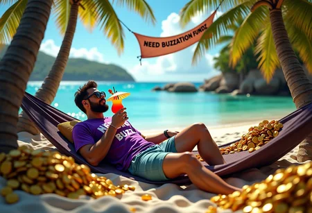 detailed RAW photo, HD32K, wallpaper, 4K, 8K, abusrdres, masterpiece, hyper detailed, promotional movie screenshot, PR photo, breathtaking, perfect hands, detailed face, realistic skin texture, realistic clothing texture, BREAK A mystical and enticing tropical beach with palms and complex exotic vegetation and white sand that might be located in a paradisaical south sea island or Mexico. A nerdy hipster hacker with retro sunglasses and a neat hipster beard is sipping from a tasty multicolored cocktail in a fancy glass, garnished with a paper umbrella and tropical fruits. He is wearing a fashionable purple T-shirt with the letters "NEED BUZZ" on it and modern swimming trunks and lying in a hammock. There is a Banner in the trees above him saying "NEED BUZZCATION FUNDZ". He is relaxed and calm and happy, visibly smiling and enjoying the situation. Around the hammock, there is an ancient pirate treasure with multiple treasure chests, all of which are overflowing into piles and piles of gold doubloons an other gold coins which have a lightning symbol and the words "Buzz" engraved. The gold coins are partially in focus, and are definitely not Bitcoins.