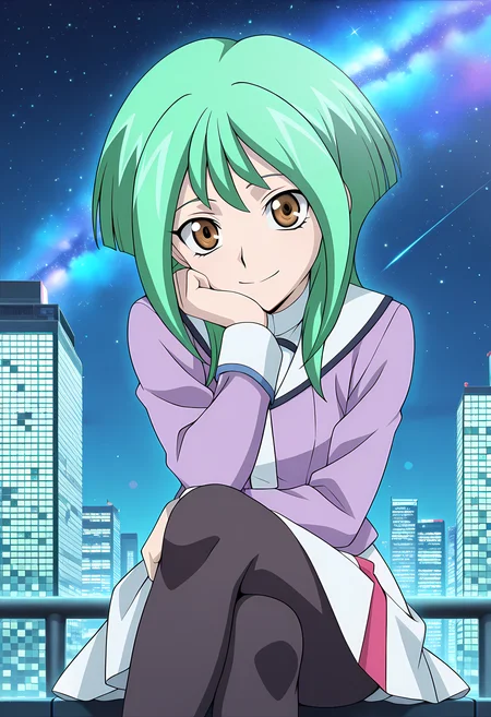 masterpiece,best quality,amazing quality,
solo,
Tokoha Anjou (Cardfight Vanguard), long hair, green hair, brown eyes,
school uniform, serafuku, purple shirt, white sailor collar, long sleeves, white skirt, black pantyhose,
looking at viewer, smile, cheeks leaning on arm,
cinematic, crossing legs,
Outdoors, night, On top skyscraper, sci-fi city, (galaxy sky:1.2),
Lens flare, bloom, detailed shadow,
Official style, anime screencap, anime coloring,