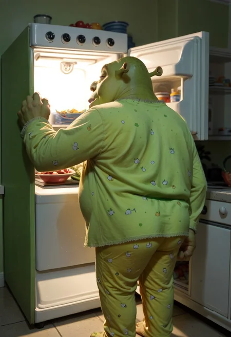score_9,score_8_up,score_7_up, solo, green mist, pajamas, male,
fr1dg3, open fridge, refrigerator,
shrek, grabbing an onion, grabbing garlic, kitchen, night, from behind