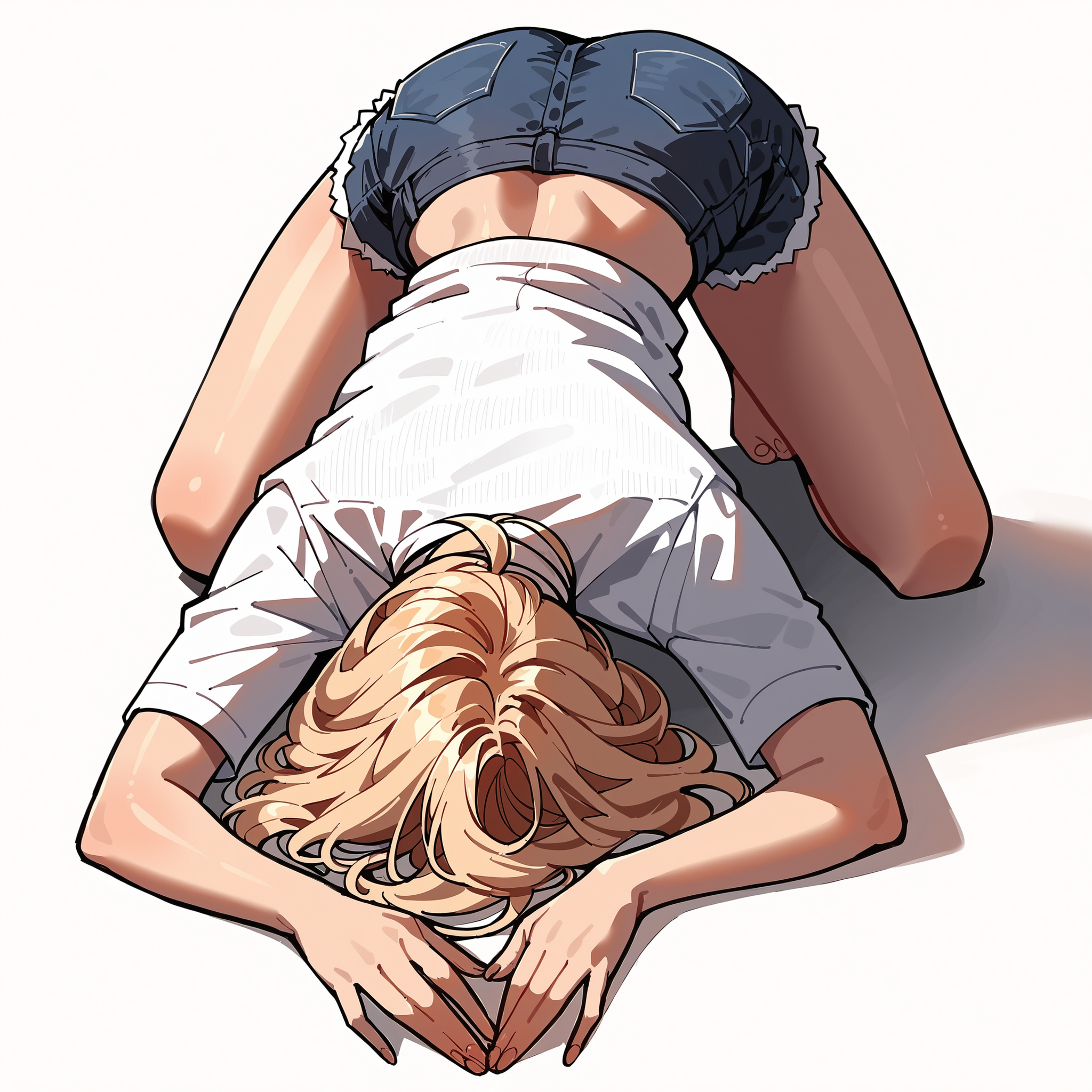 score_9, score_8_up, score_7_up, score_6_up, score_5_up, score_4_up, white background, lineart, source_anime, smooth outline,  beautiful woman bowing down on the floor, denim shorts, white shirt, blonde hair,