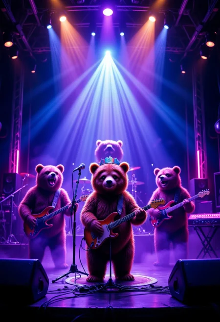 Wide angle. Live house stage. Five lovely bear bands are playing on stage. The bear in the center is the vocalist, wearing a ribbon on his head. The other bears are guitar, bass, drums, and keyboard. Lights and lasers of various colors from the upper rear, spotlight in the center.
Smoke on stage, stage decorated with neon glow.
Huge speakers at both ends of the stage, neon lights on the speakers.
Front of the stage
Translated with DeepL.com (free version)
aidmafluxpro1.1,fntsylghtshwCE_style