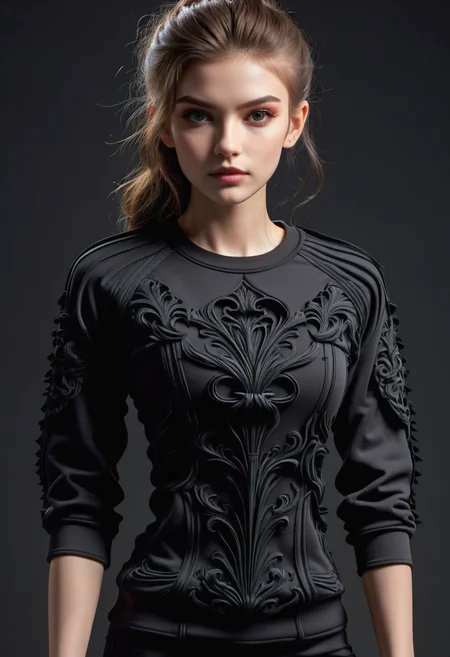 hyper detailed masterpiece, dynamic, awesome quality, DonMN1gh7D3m0nXL tight upper body clothing, crew neck, piqué, cut pile, mithril, raglan sleeves, mini length, empire waist, illusion back,,pockets,,closure type,,front pockets,,ribbons,,enzyme wash, made of darkness <lora:DonMN1gh7D3m0nXL-v1.1-000008:1>