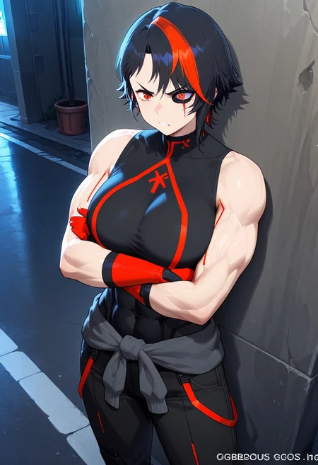 high resolution, gorgeous, absurdres, best quality, anime screencap, source_anime, official art, 1girl, Eve, black hair, short hair, black hair, multicolored hair, streaked hair, mismatched eyes, orange eyes, cybernetic eye, red eye, facial scar, eye shadow, muscular, well toned, abs, biceps, large breasts, black shirt, black pants, red shoes, red gloves, red linings, tied sweater, outdoors, cyberpunk, street, angry, crossed arms, leaning against wall, solo
