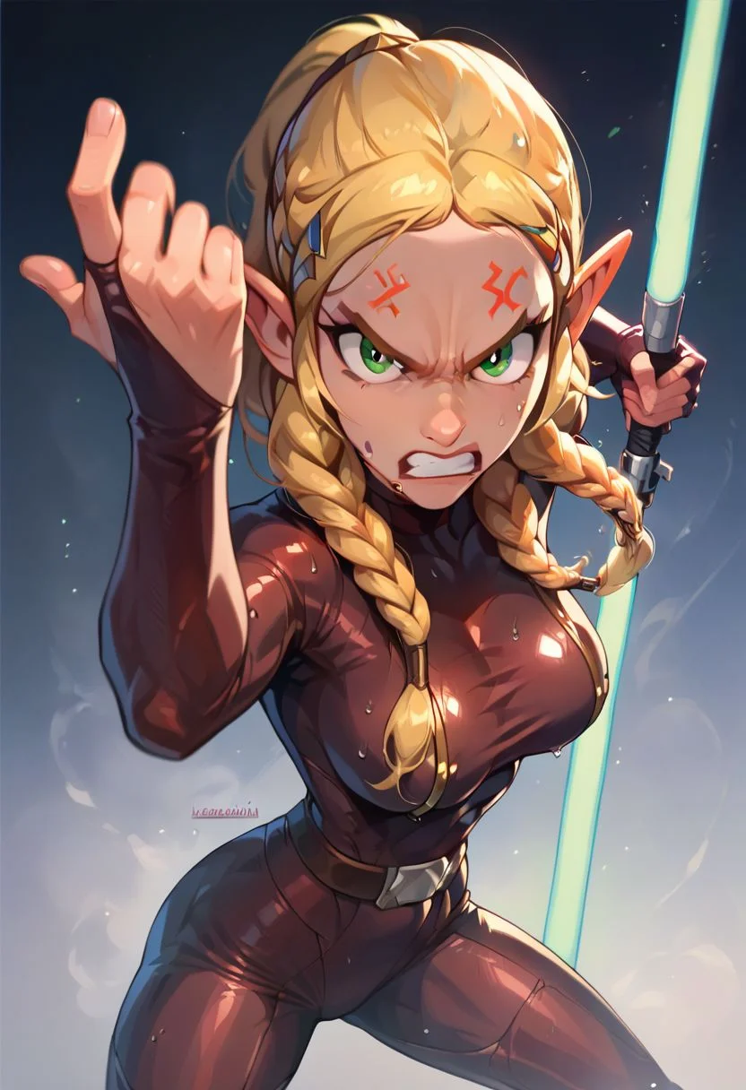 core_9, score_8_up, score_7_up, 
1girl, Zelda, solo, (angry, look at viewer:1.4),
large breasts, 
(Star wars:1.21) latex outfit, sweaty latex, tight bodysuit,
flirty expression, fighting pose, light saber in hands