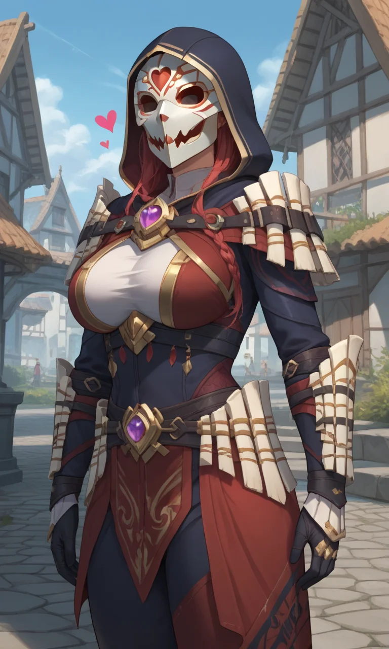 anime style, anime studio, vibrant, (score_9, score_8_up,score_7_up), masterpiece, best quality, ultra quality, eyes, 1girl, (big breasts:1.2), <lora:glavakolhoza_shadowscalearmour:0.7>, glavakolhoza_shadowscalearmour, standing, relaxed pose, medival city background, hood, helmet, mask, close up, fantasy armour, from behind, looking at viewer, wide hips, ass focus, (hearts emotes:1.2)